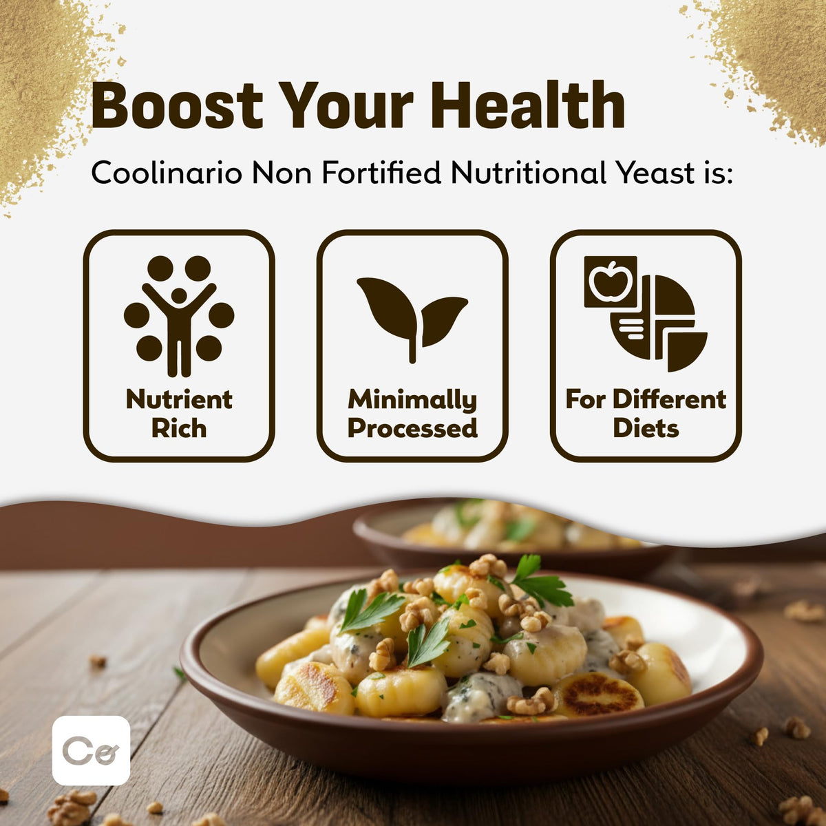 Coolinario Nutritional Yeast Flakes sprinkled into a creamy dressing.