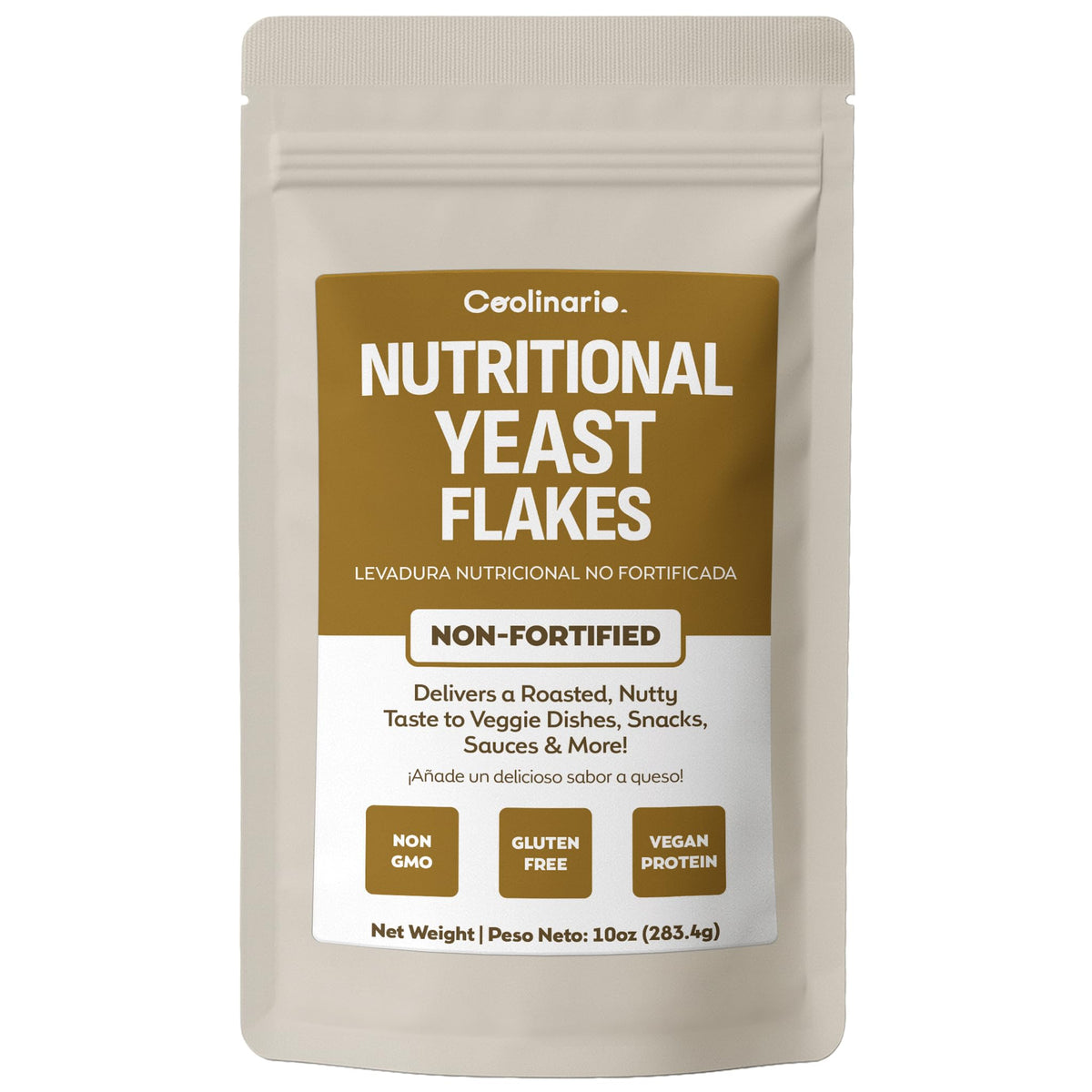 Coolinario Nutritional Yeast Flakes packaging close-up highlighting gluten-free vegan seasoning.