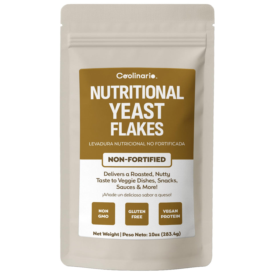 Coolinario Nutritional Yeast Flakes packaging close-up highlighting gluten-free vegan seasoning.