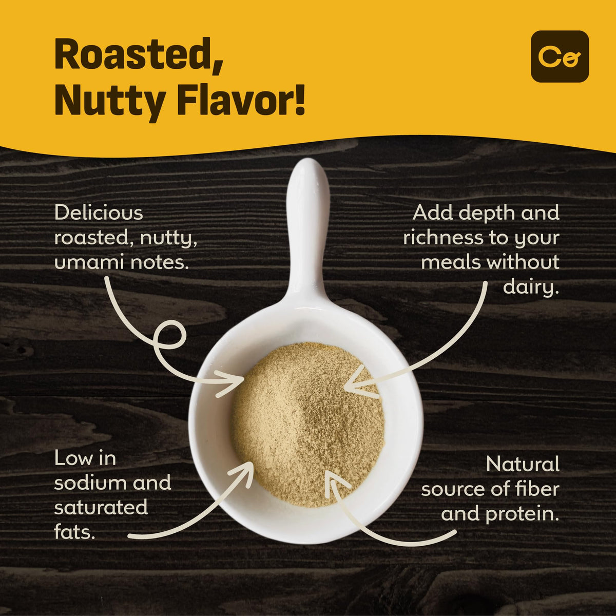 Coolinario flakes with sauce and dressing bowl, vegan-friendly flavor enhancer.