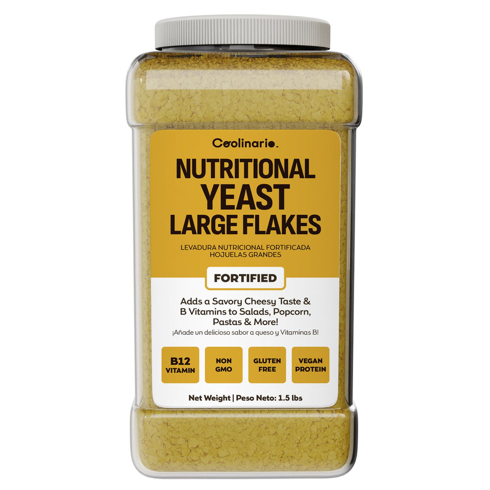 Coolinario nutritional yeast flakes bottle pour highlights savory flavor for vegan cooking and toppings.