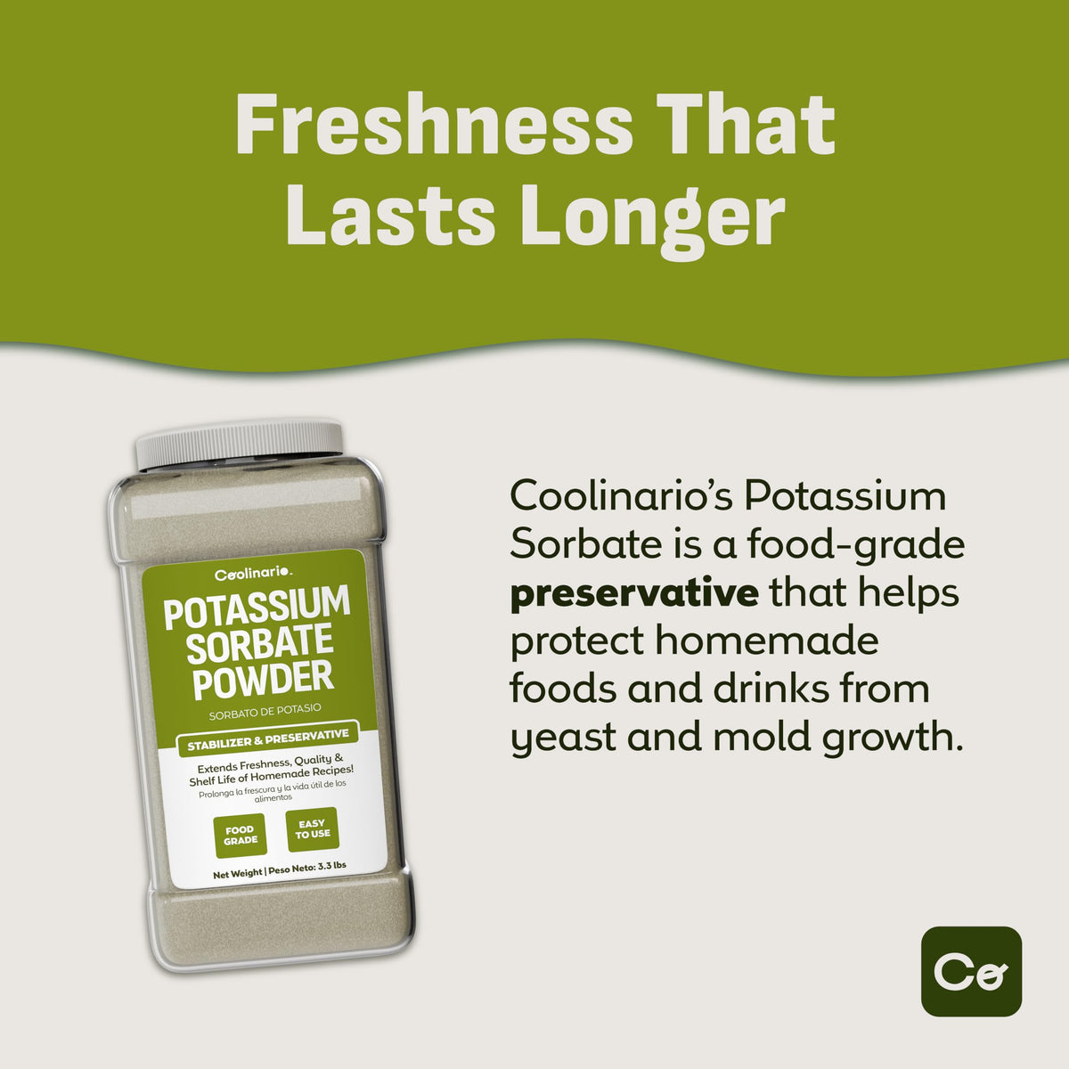 Coolinario Potassium Sorbate 1 gal bottle shown for large-batch preservation.