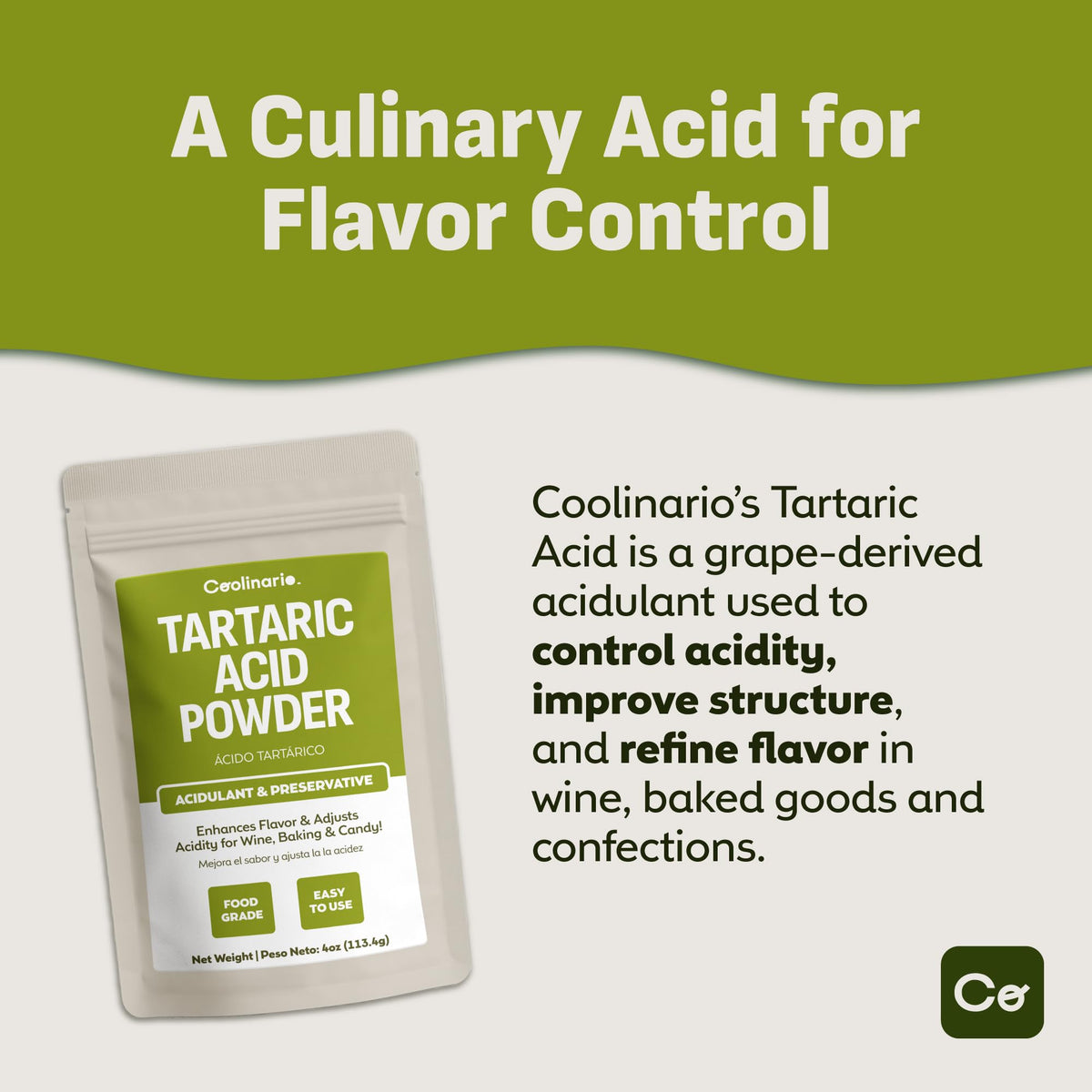 Coolinario Tartaric Acid Powder spoon dispense for easy batter mixing.