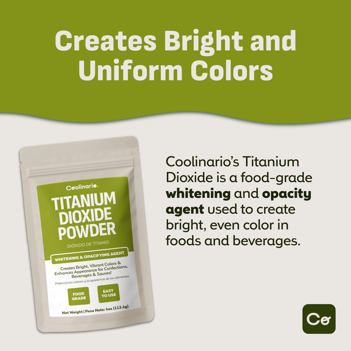 Coolinario Titanium Dioxide Powder dispense bottle enables clean, precise mixing.