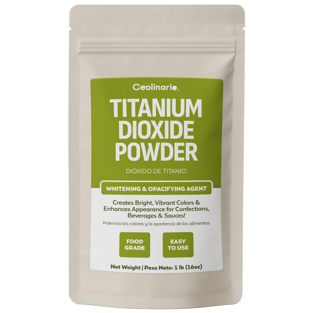 Coolinario Titanium Dioxide Powder packaging for easy storage and quick use.
