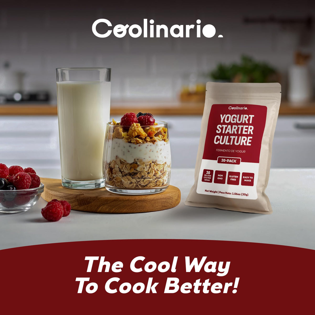 Coolinario packaging highlights Non-GMO and gluten-free features.