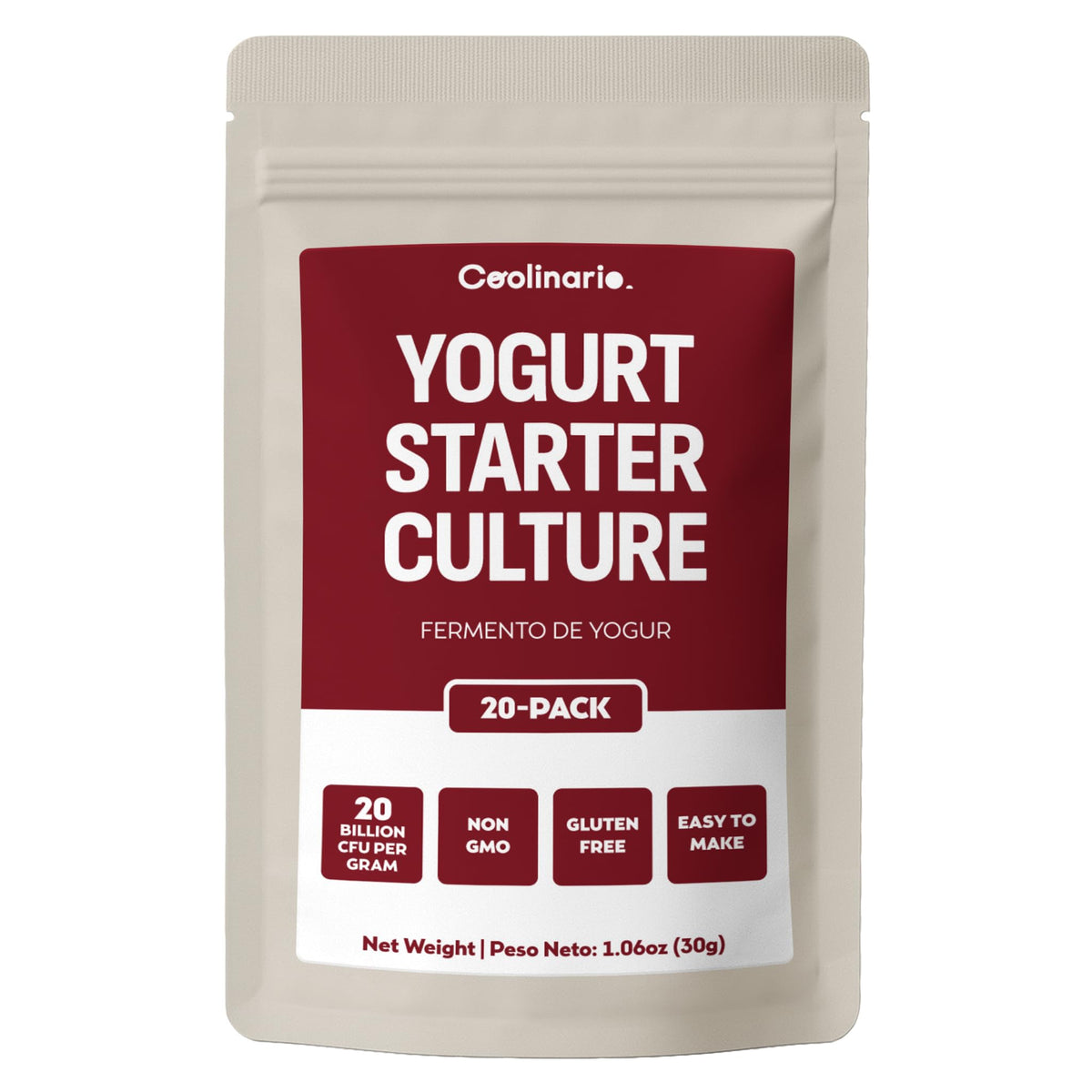 Coolinario yogurt starter 20-pack on display for easy homemade yogurt.