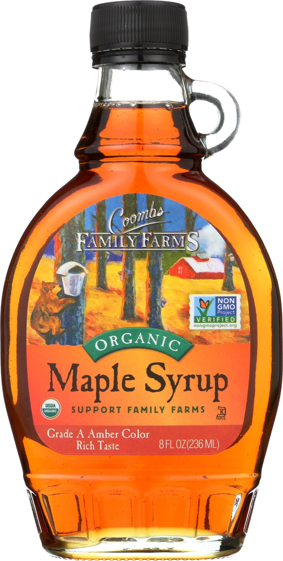 Coombs Family Farms maple syrup bottle showcases amber color, ideal for pancakes.