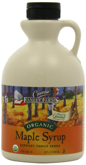 Coombs Family Farms maple syrup bottle close-up, rich color ideal for waffles