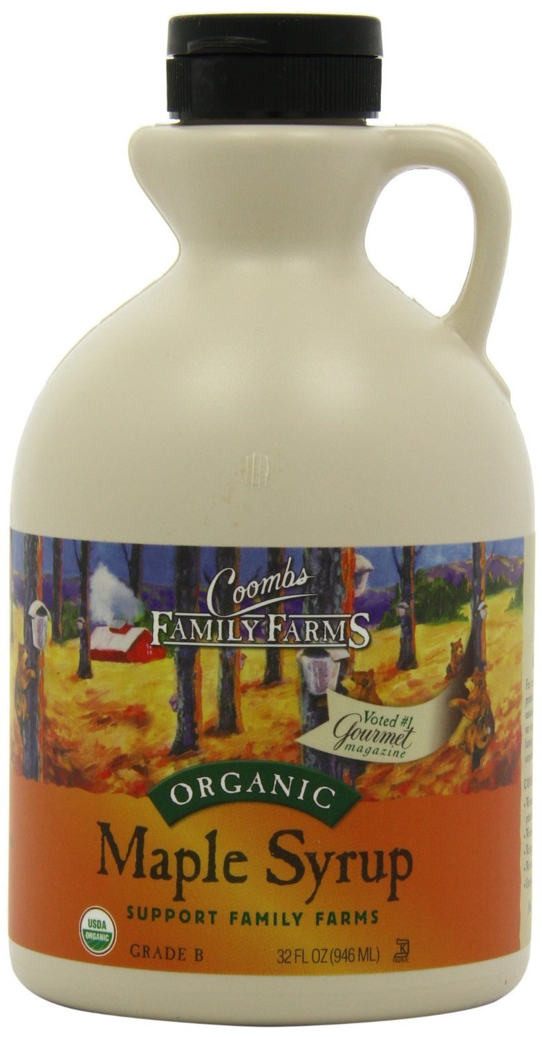 Coombs Family Farms maple syrup bottle close-up, rich color ideal for waffles