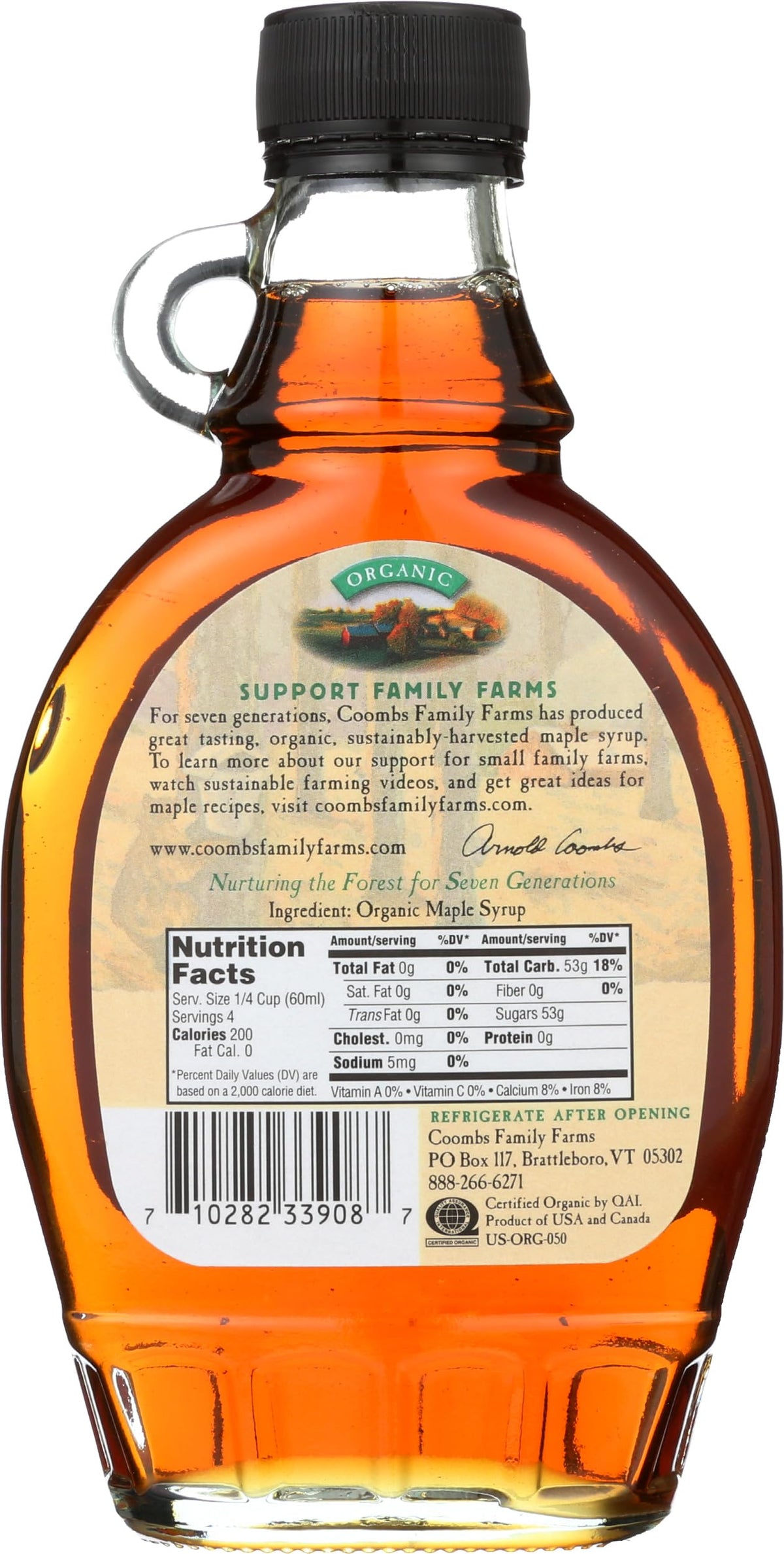 Coombs Family Farms maple syrup pours over pancakes with a rich amber hue.