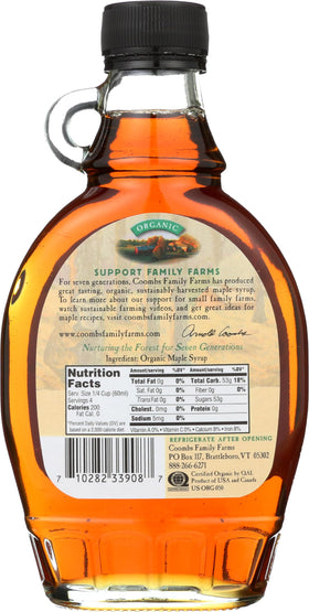 Coombs Family Farms maple syrup pours over pancakes with a rich amber hue.