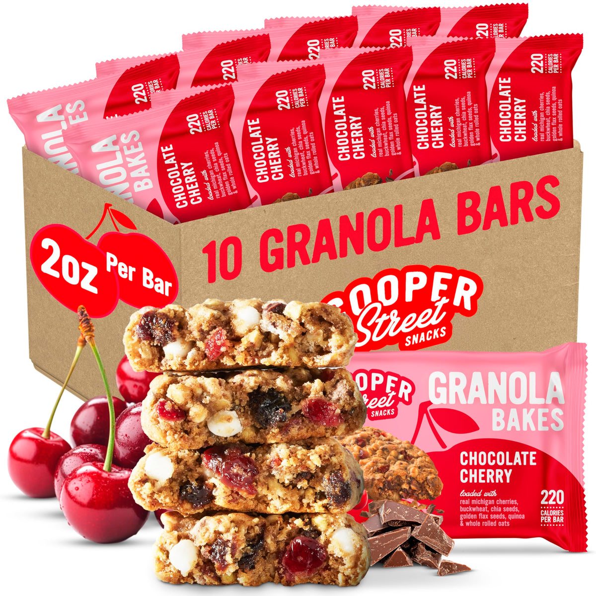 Cooper Street big bar chocolate cherry 2oz provides hearty breakfast fuel on the go.