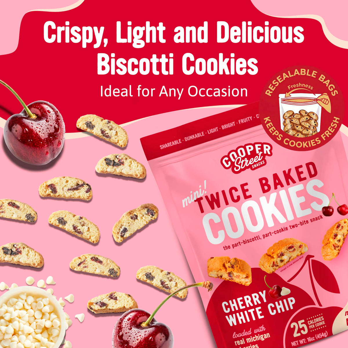 Cooper Street bag open showing over 50 biscotti, shareable snack.