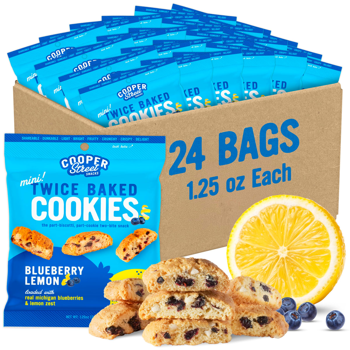 Cooper Street biscotti blueberry lemon packaging highlights a crispy, indulgent, guilt-free snack.