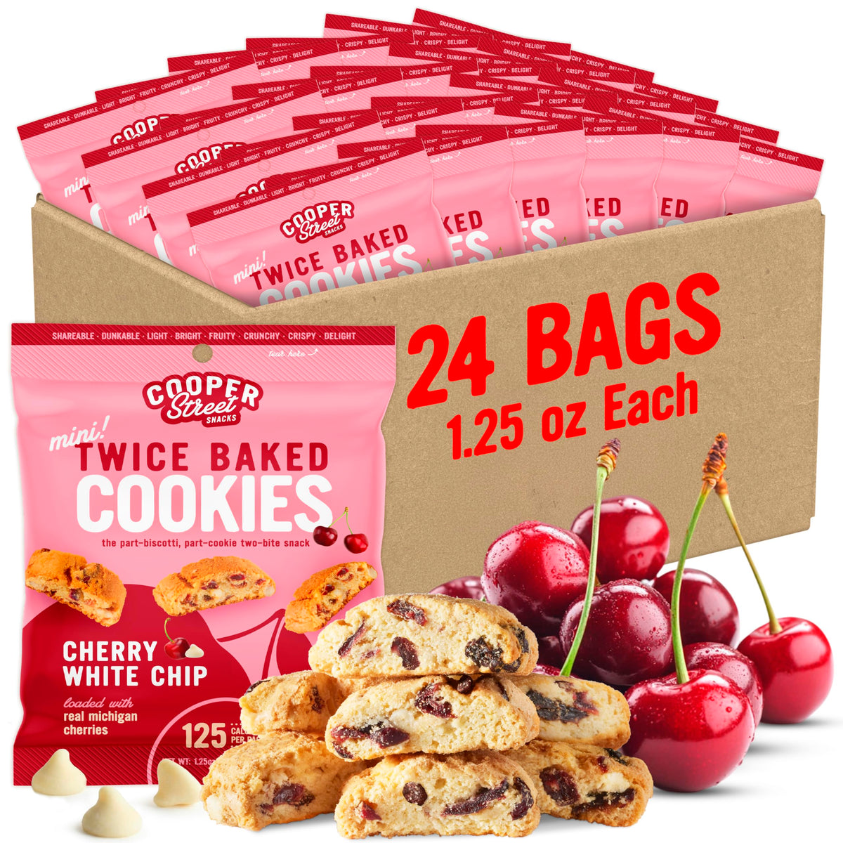 Cooper Street biscotti cookie with cherry white chunk for a crisp bite
