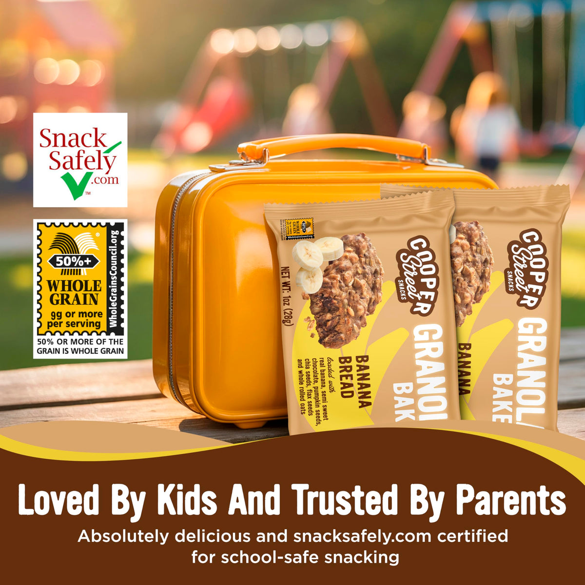 Cooper Street Granola Bakes nut-free-bar suitable for classroom and safe snacking.