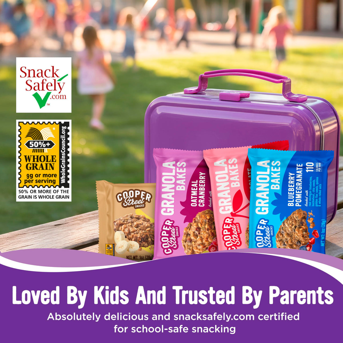 Cooper Street Granola Bakes nut-free facility badge for school-safe snacks.