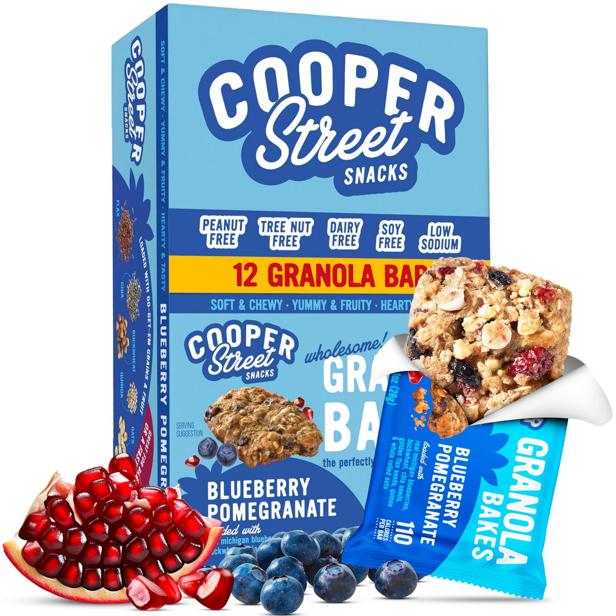 Cooper Street Granola Bakes front pack shows blueberry pomegranate flavor, ideal for on-the-go breakfast.