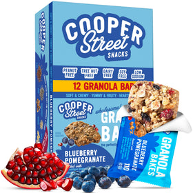 Cooper Street Granola Bakes front pack shows blueberry pomegranate flavor, ideal for on-the-go breakfast.