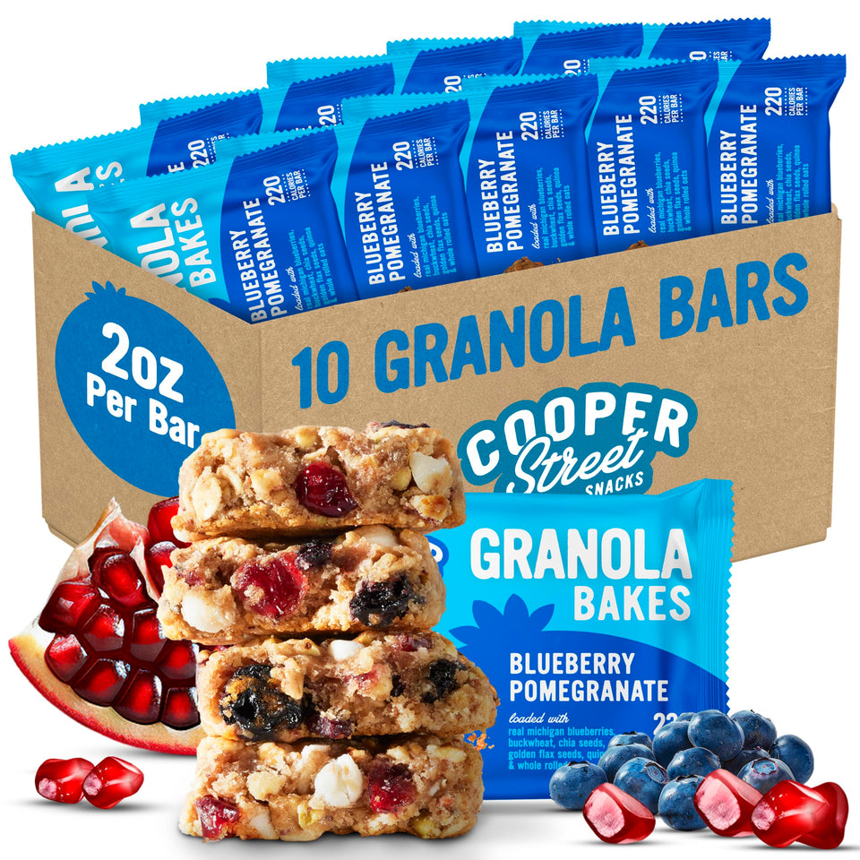 Cooper Street Granola Blueberry Pomegranate 2oz bar close-up showing real fruit for a tasty breakfast.