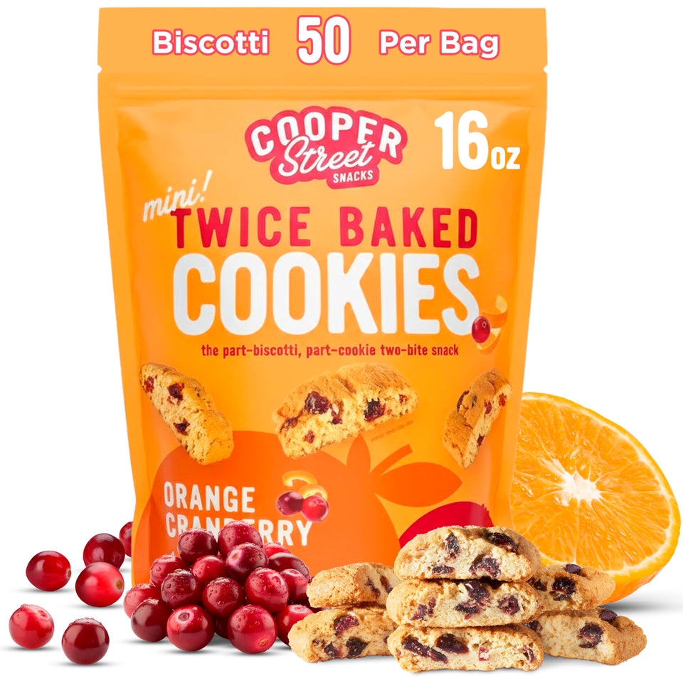 COOPER STREET orange cranberry biscotti bag front highlights real fruit and crisp texture for coffee.