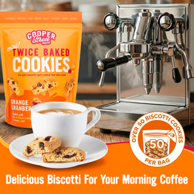 Open bag reveals resealable packaging keeping biscotti fresh for sharing.