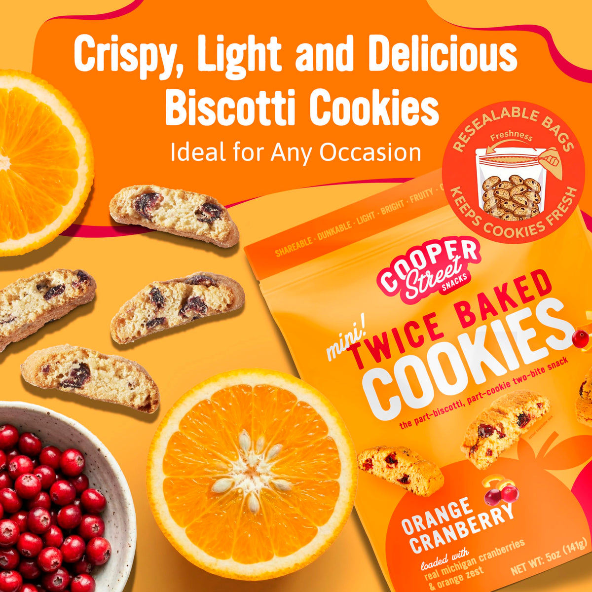Cooper Street orange cranberry biscotti mini for coffee pairings with crisp texture and real fruit.