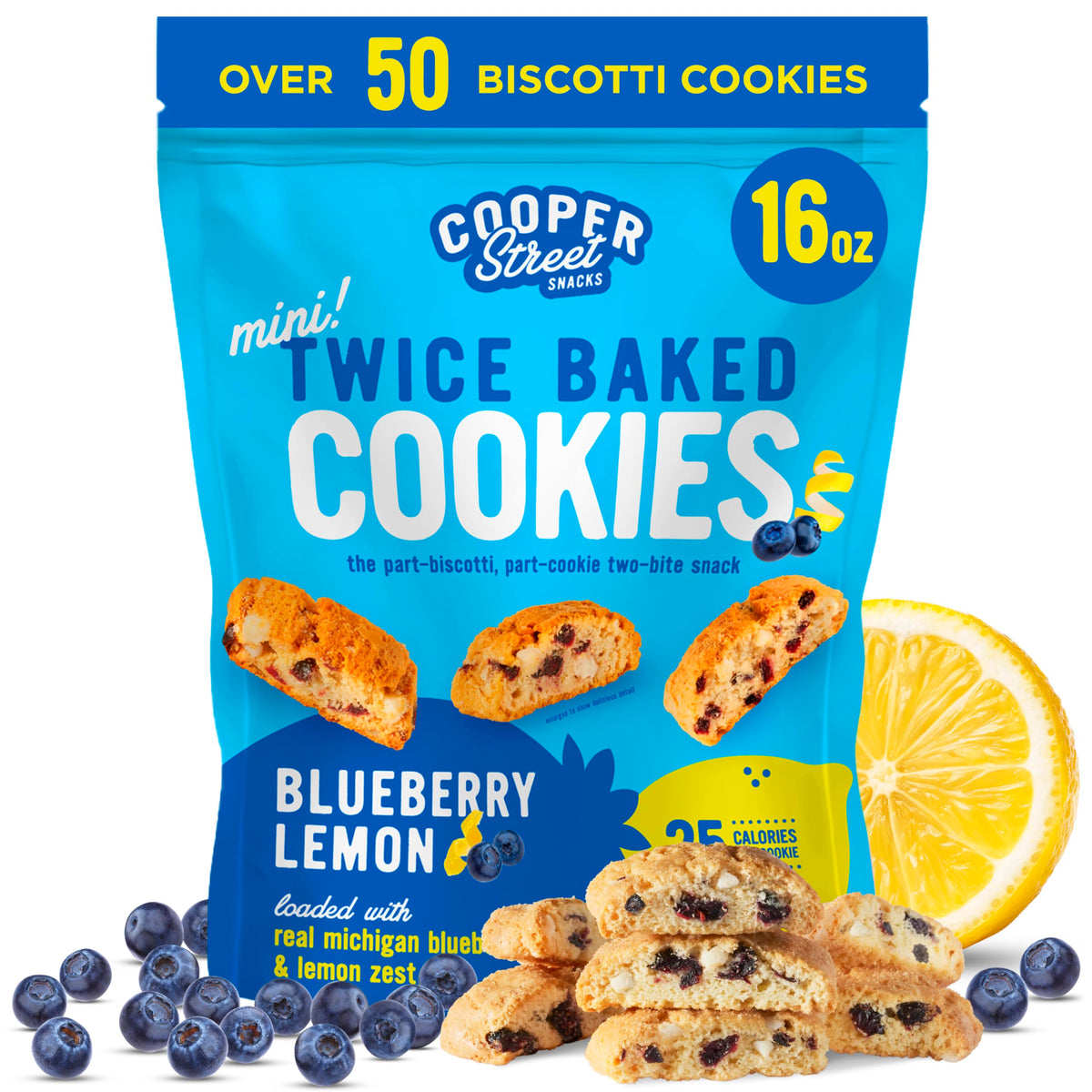 Cooper Street blueberry lemon biscotti bites in a resealable bag, perfect with coffee
