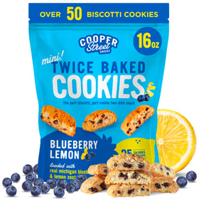 Cooper Street blueberry lemon biscotti bites in a resealable bag, perfect with coffee