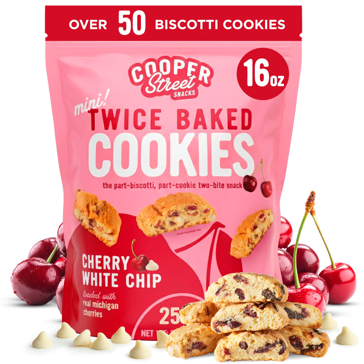 Cooper Street biscotti close-up with real cherries and white chips, ideal with coffee.