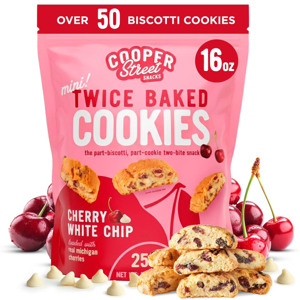 Cooper Street biscotti close-up with real cherries and white chips, ideal with coffee.