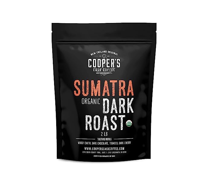 Cooper's Cask Coffee Organic Sumatra dark roast 2lb bag with rich aroma for mornings.