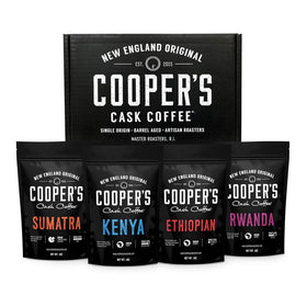 Cooper's Cask Coffee sampler box with four ground coffees for home tasting.