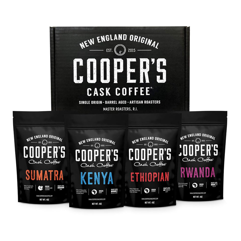 Cooper's Cask Coffee sampler box with four ground coffees for home tasting.