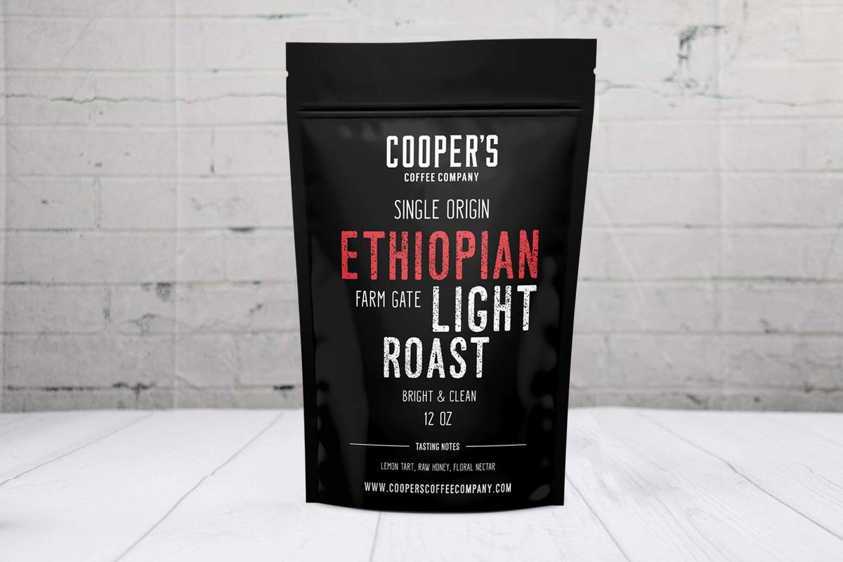 Cooper's Cask Ethiopian Bold beans close-up for premium single-origin flavor.