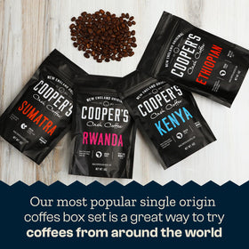 Four-origin coffee bags arranged together for a varied tasting at home.