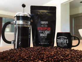 Cooper's Cask Ethiopian Bold, light roast pour-over setup highlighting lemon notes.