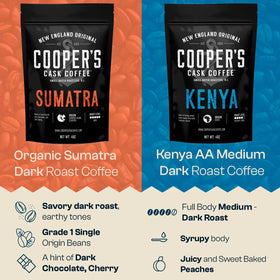 Cooper's Cask Sumatra dark roast image highlighting earthy, bold notes.