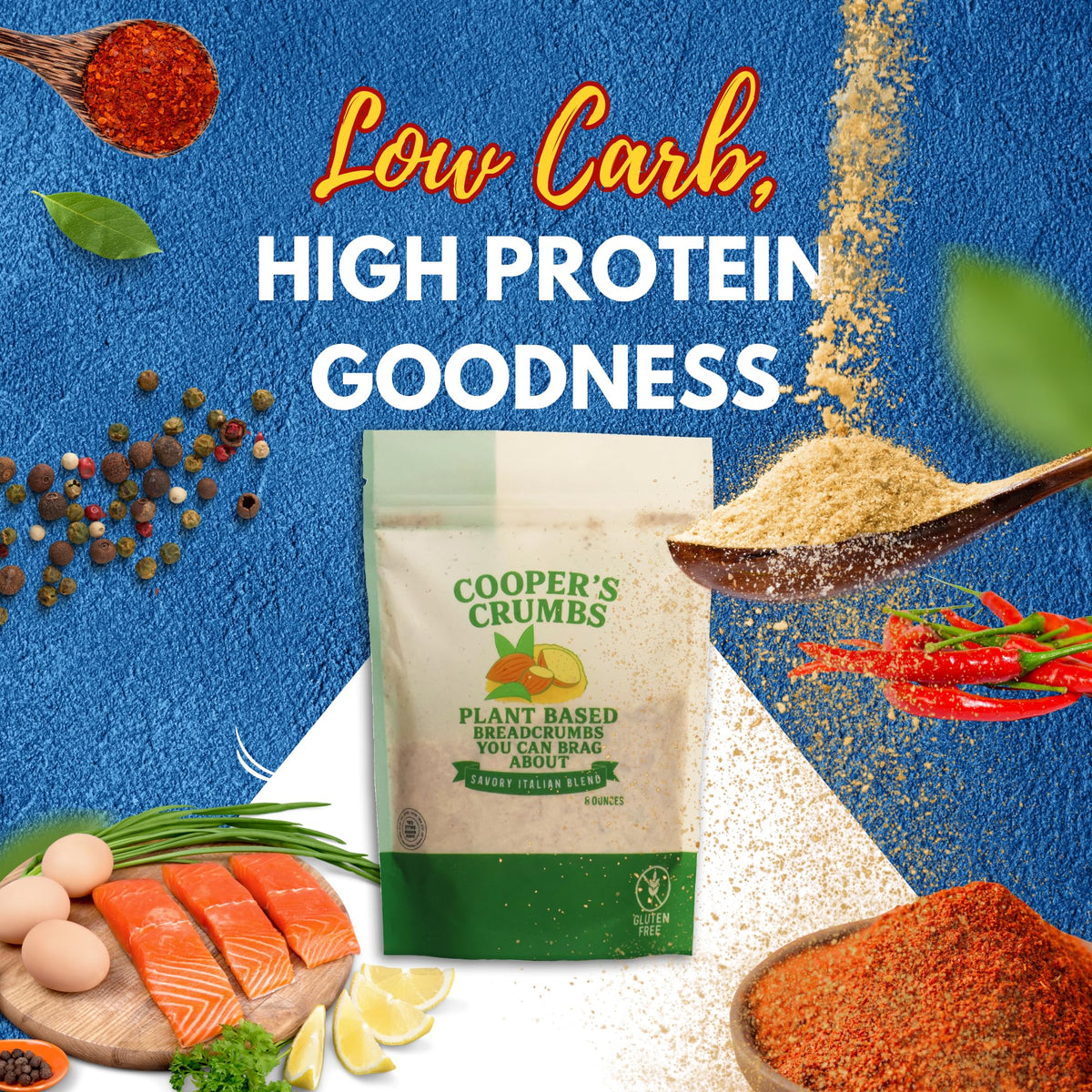 Cooper's Crumbs Savory Italian crumbs on chicken for a crispy gluten-free coating.
