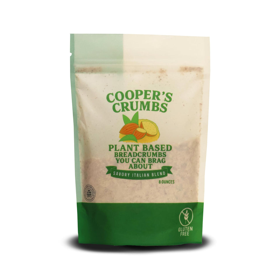 Cooper's Crumbs Savory Italian jar showing gluten-free crumbs for easy cooking.