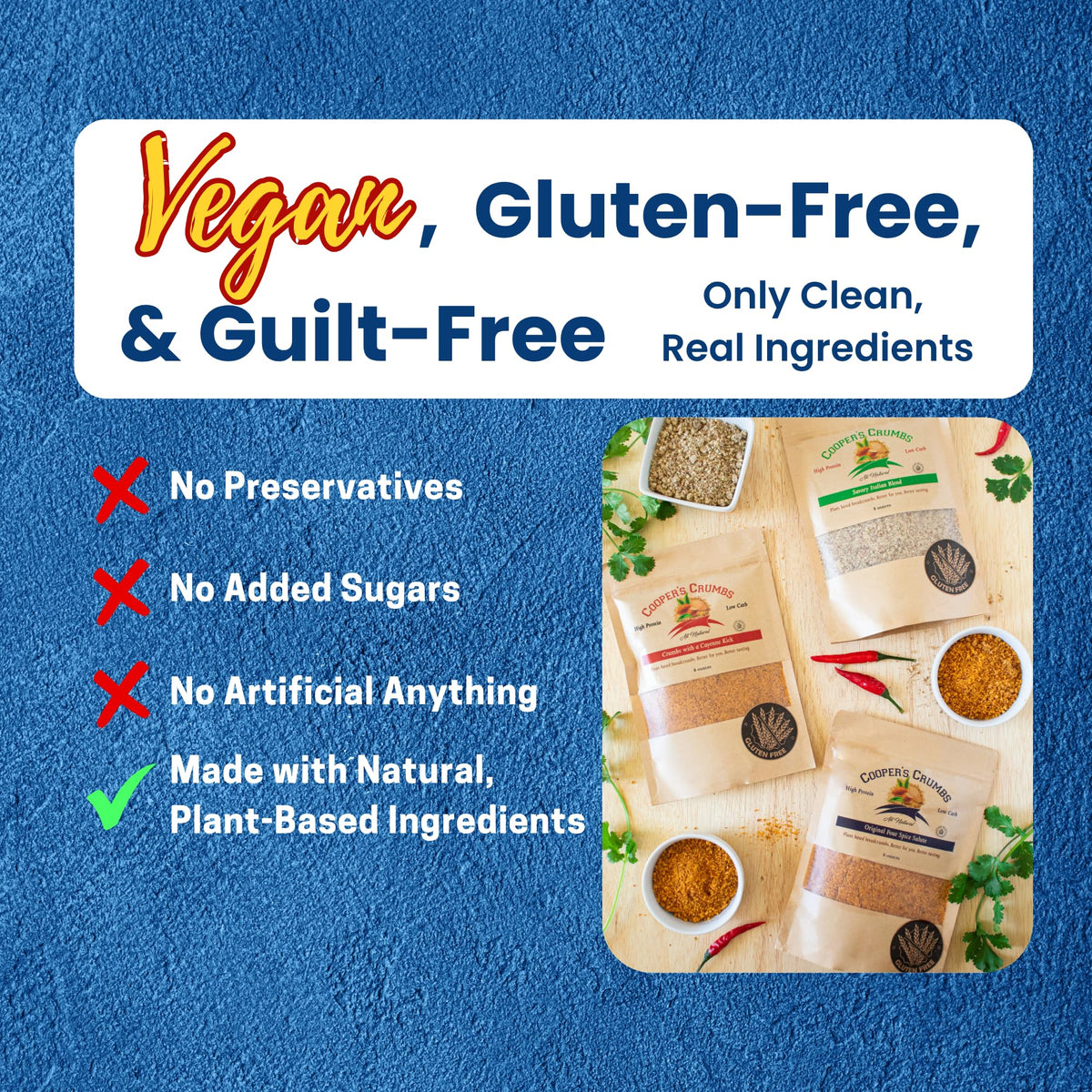 Cooper's Crumbs vegan and kosher labels on the package.