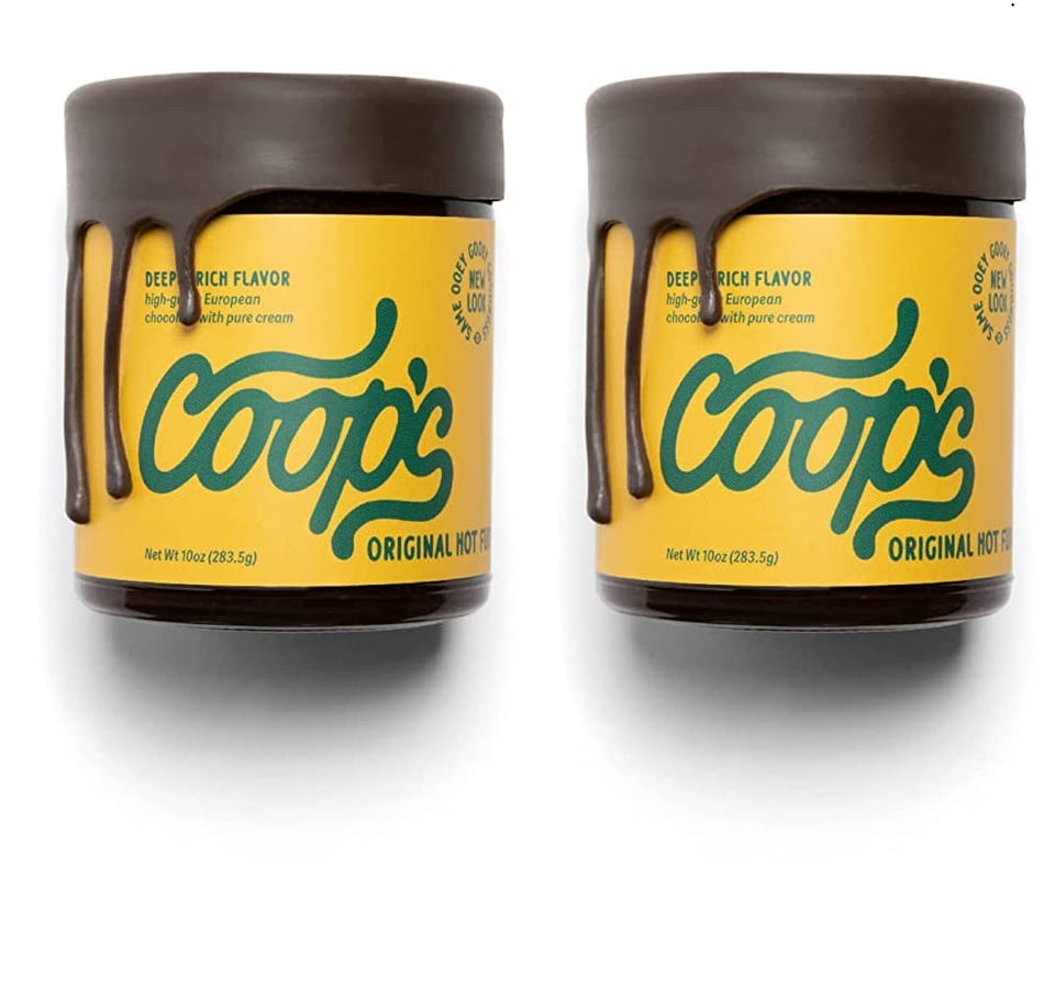 Coop's Original Hot Fudge 2-pack bottle on shelf, perfect for topping desserts.
