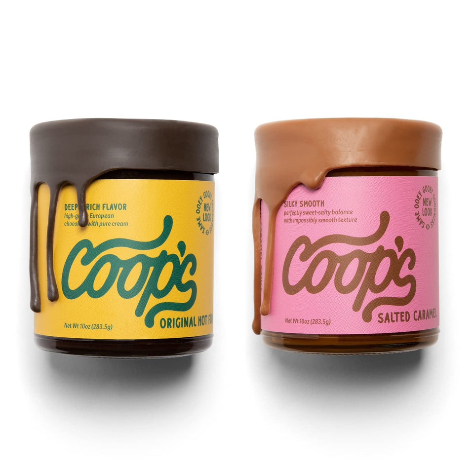 Coop's Original Hot Fudge & Salted Caramel Sauce 2-pack front view, premium dessert topping.