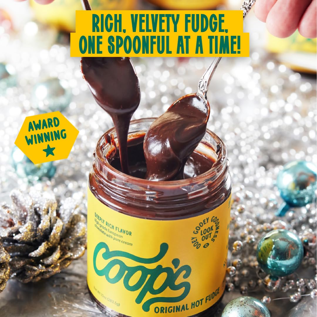 Coop's Original Hot Fudge & Salted Caramel Sauce gift-pack displayed for gifting.