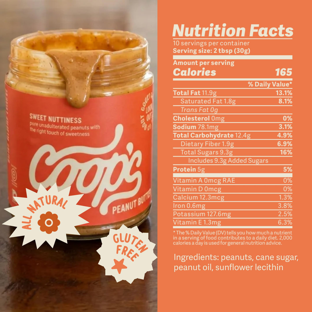 Coop's Peanut Butter Sauce on waffles showing gluten-free vegan drizzle