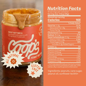 Coop's Peanut Butter Sauce on waffles showing gluten-free vegan drizzle