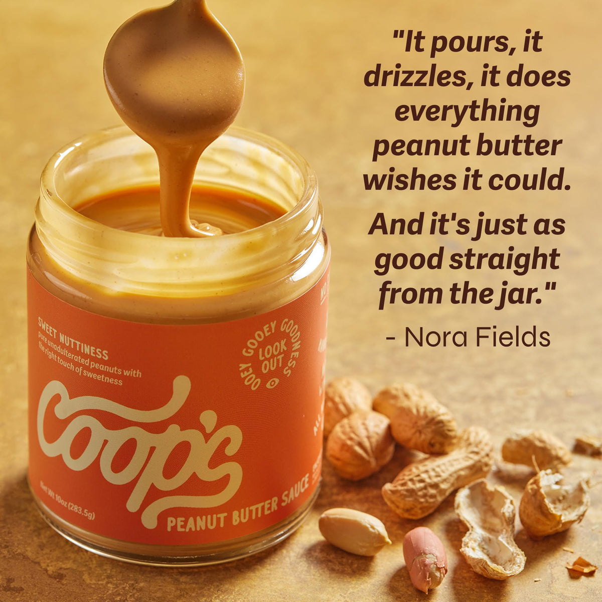 Coop's Peanut Butter Sauce pours over ice cream as a silky topping