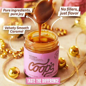 Coop's Salted Caramel Sauce pouring onto ice cream for velvety texture.