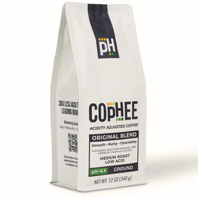 COpHEE Low Acid Coffee bag showing a pH-balanced blend for sensitive stomachs.